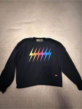 Aviator Nation Black Crewneck Sweater with Rainbow Lightning Bolts
